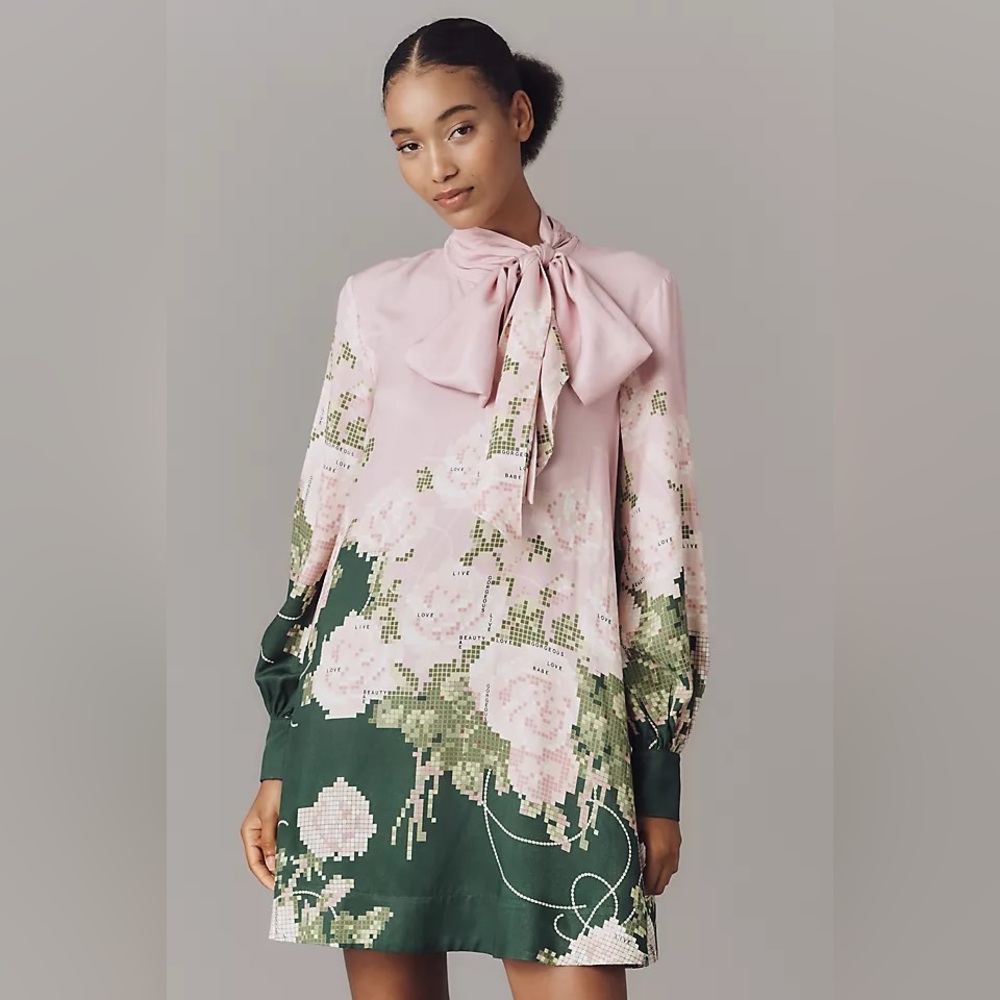 NWT Anthropologie Maeve Caroline Tie-Neck Mini Dress Pink Floral XXS